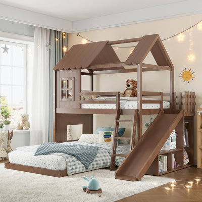 Lit superposé simple au-dessus d'une maison double avec échelles et glissade, lit superposé avec tablettes de rangement et garde-robe, aucun sommier nécessaire, naturel antique, pour les chambres d'enfants et les espaces de jeu
