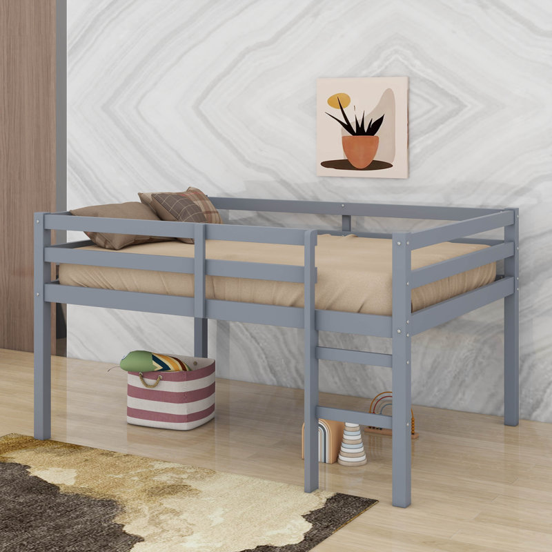 Full Rubber Wood Loft Bed With Ladder, Gray