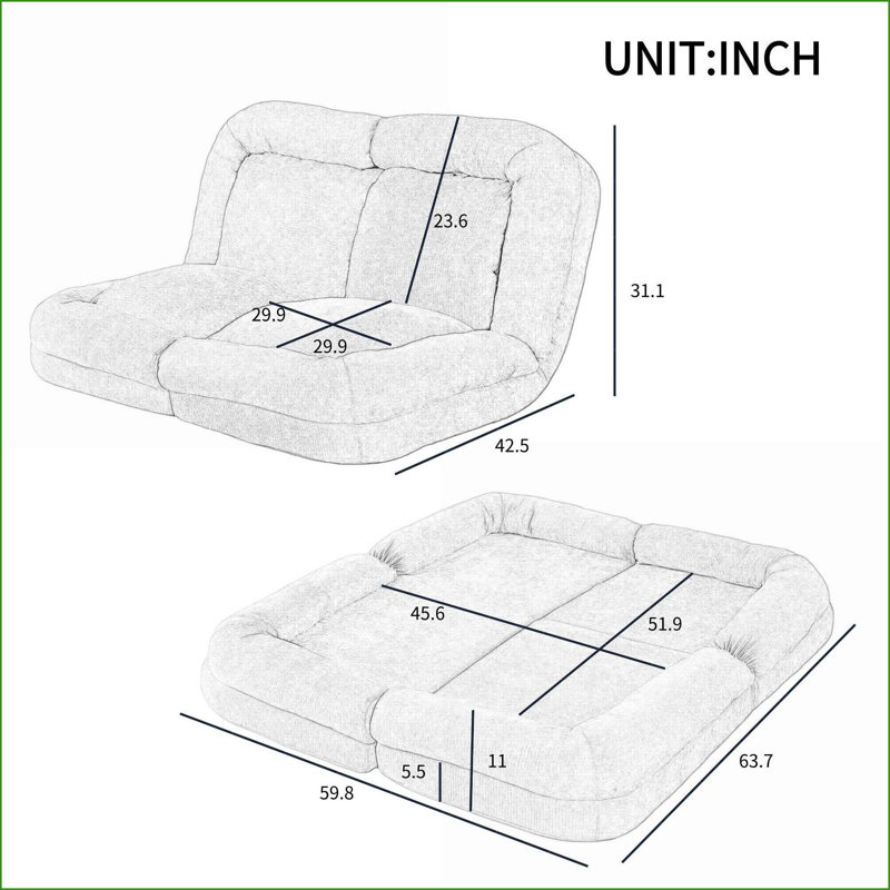 Canapé-lit convertible simple dépliable - 18 positions réglables et multifonctionnelles | Blanc | Profondeur du siège 63,78