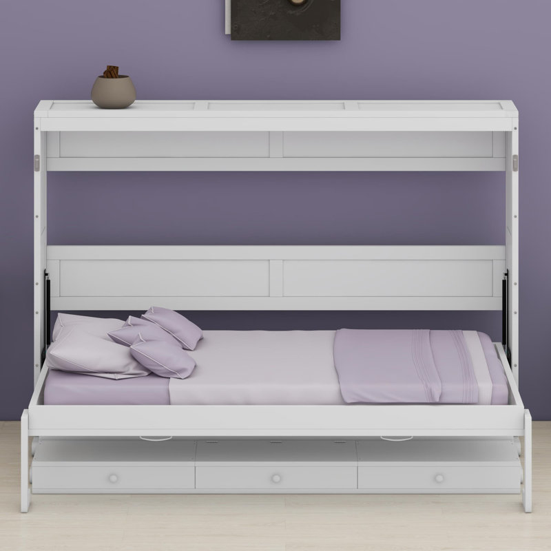 Lit escamotable avec rangement, armoire-lit pliable avec coiffeuse, miroir central et 2 tiroirs latéraux, Blanc