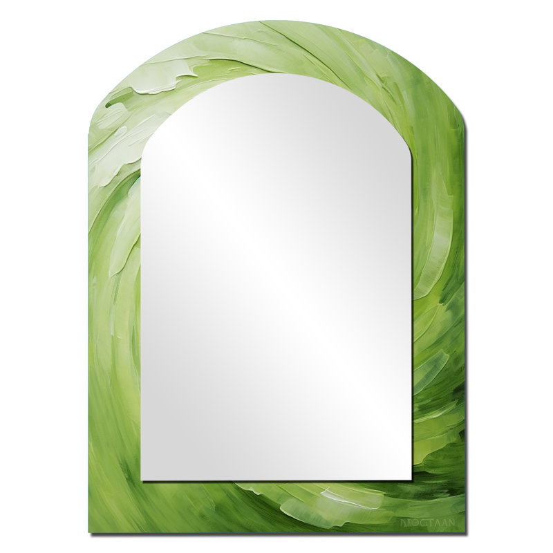 Green Serene Spiral Dreams II - Abstract Spirals Asymmetrical Decorative Mirror, Modern Arch Wall Mirror, Printed Metal Art