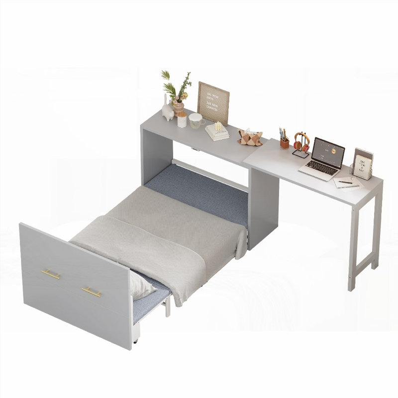 Lit simple escamotable avec bureau réglable et amp; Coussin pliable, gris - aucun sommier requis, robuste Durable pour les petits espaces