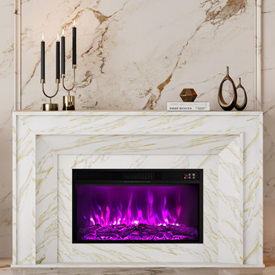 Meuble télé de 58 po avec foyer pour téléviseurs jusqu'à 65 pouces, centre multimédia moderne en faux marbre pour salon, blanc et or