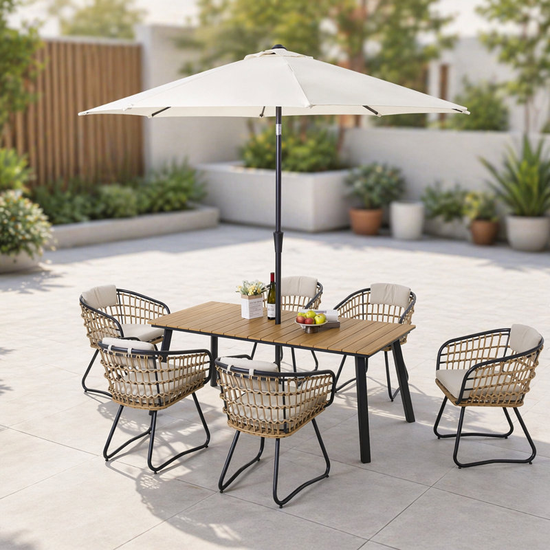 Ensemble repas 7 pièces en osier avec table en bois composite