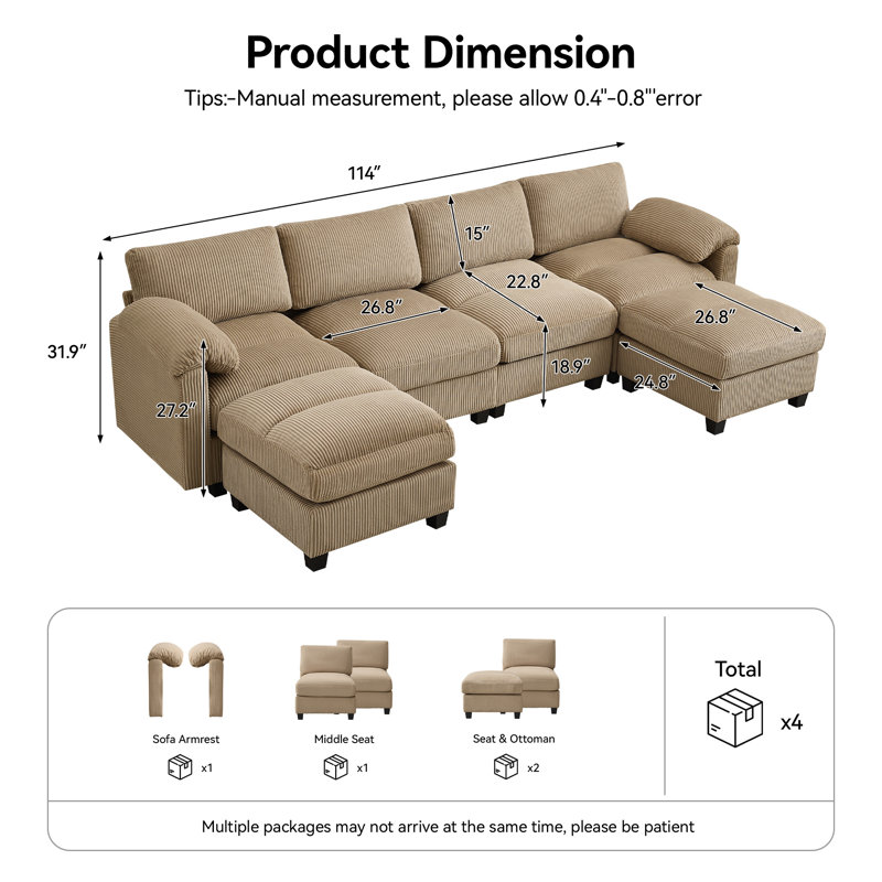 Canapé modulaire 6 places avec 2 repose-pieds, Chameau