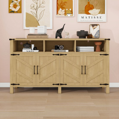 Buffet moderne avec prises électriques intégrées, rangement ouvert et tablettes réglables