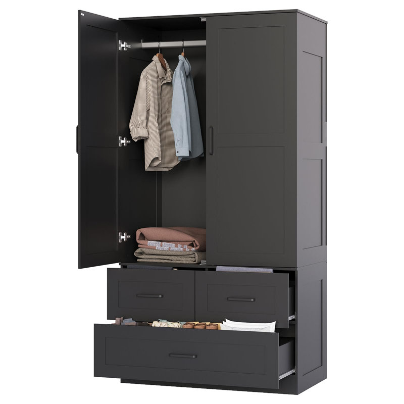 Armoire-penderie moderne autoportante en bois - armoire de chambre haute 70 po avec tringle, 3 tiroirs de rangement profonds, bois d'ingénierie durable, rangement pour vêtements, noir