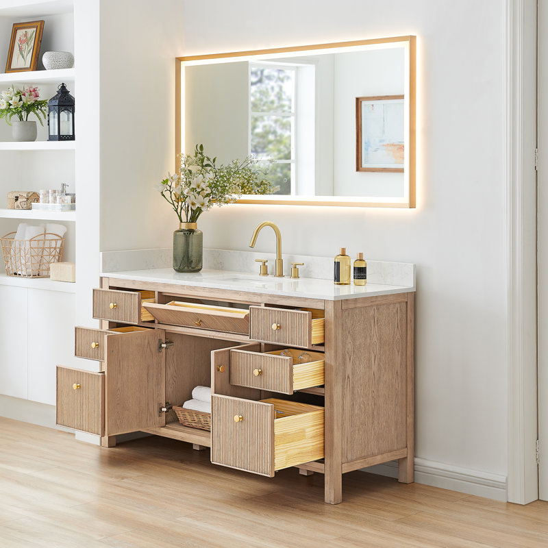 Lala 60" Single Bathroom Vanity with Grain White Engineered Stone Countertop with Mirror, Nature Oak