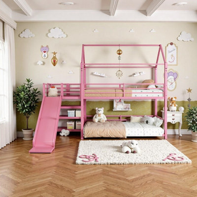 Metal House Bunk Bed With Storage Stairs, Slide, Safety Rails For Kids