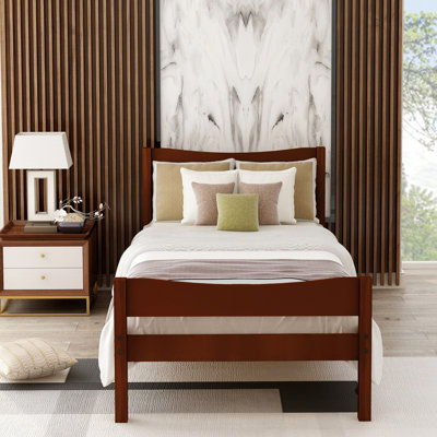 Walnut Twin Size Bed With Headboard And Consistent Slat Construction Solid Wood Platform Headboard, Walnut