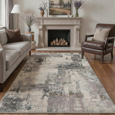 Mignone Aura Abstract Machine Washable Beige / Black / Purple Indoor Area Rug with Non-Slip Backing