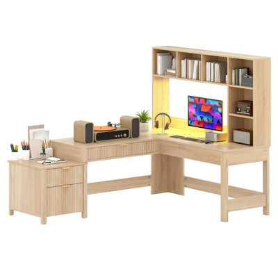  Bureau en L avec tiroirs, bureau avec prise de courant, lumières DEL, huche et classeurs