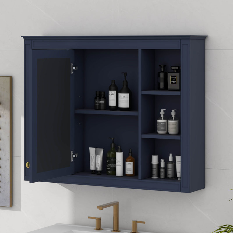 Armoire à pharmacie murale avec miroir et 6 tablettes ouvertes, Bleu