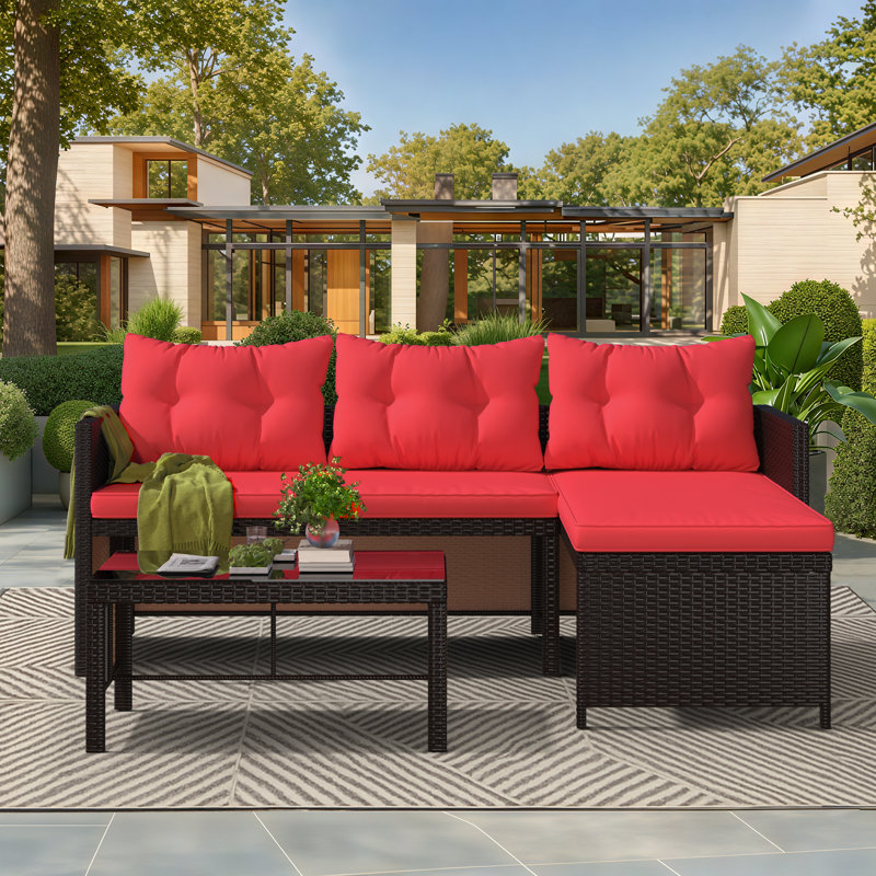 Ensemble de mobilier d'extérieur 3 pièces, ensemble de canapé en rotin PE toutes saisons avec table et coussins en verre, parfait pour le jardin, la piscine, la cour