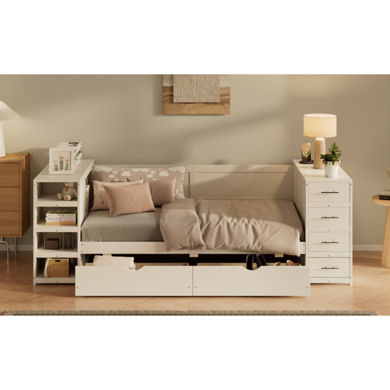 Lit de jour simple blanc avec tablettes latérales et tiroirs, lit de rangement avec bureau multifonctionnel et station de charge pour chambre à coucher, chambre d'amis