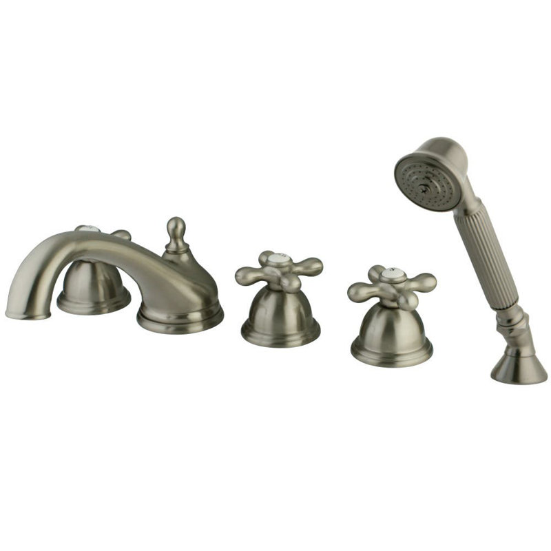 Kingston Brass Magellan Three-Handle 5-Hole Deck Mount Roman Tub Faucet with Hand Shower, Brushed Nickel