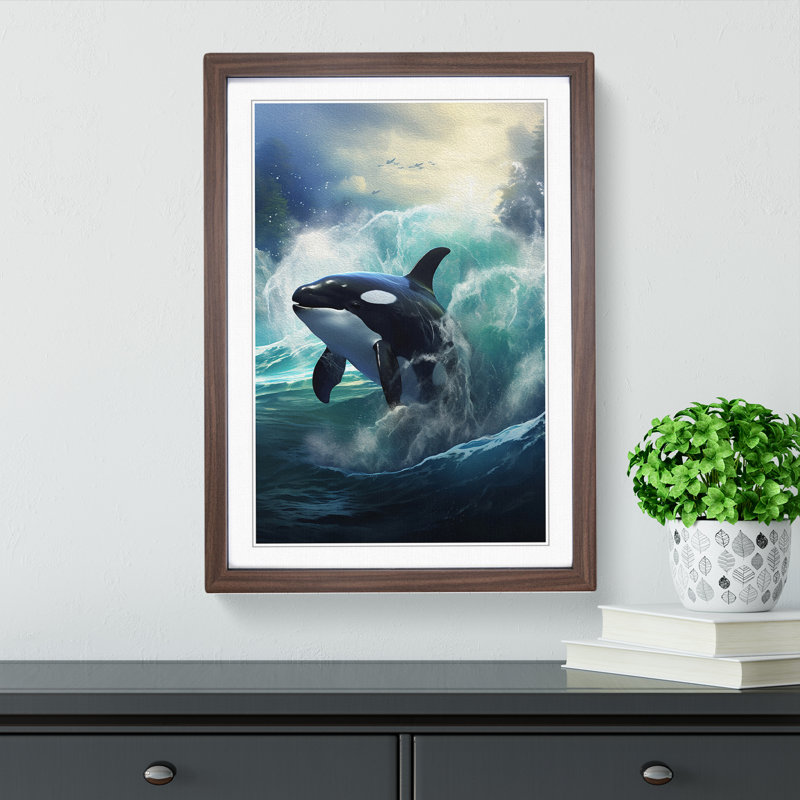 Orca Whale Realism - Single Picture Frame Print on Wood, Walnut Framed, 64cm H x 46cm W x 2cm D