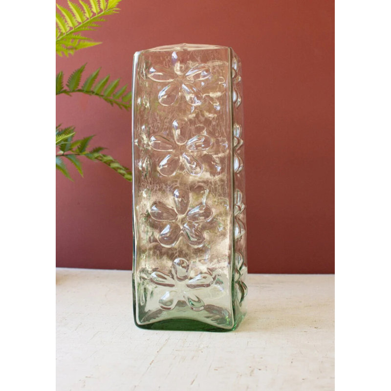  Ensemble de 2 vases carrés en verre avec fleurs en relief H 16 "