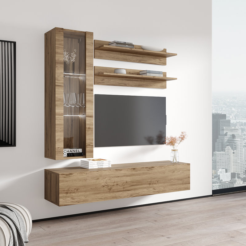Visser 63" Modern Floating Wall Mounted Entertainment Center with 16-Color LED Lighting, High Gloss Finish, Oak