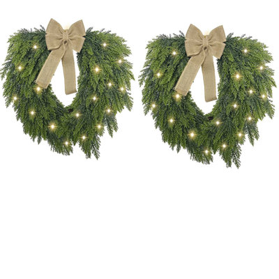 2 pièces couronne de Noël, couronne verte 19,7 po avec lumières pin et nœud en toile de jute, guirlande à DEL à pile pour la décoration murale des fêtes de la porte d'entrée (pile non incluse)