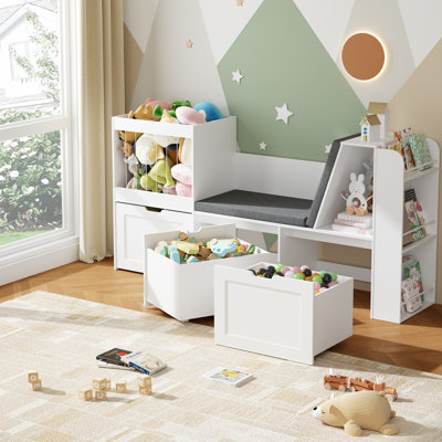 66.9''W Kid Bookshelf with Reading Nook, Toys Storage Organizer with Stuffed Animal Storage, Bench and Removable Cushions, Wooden Toddler Bookcases with 3 Movable Drawers for Playroom, Bedroom(White)