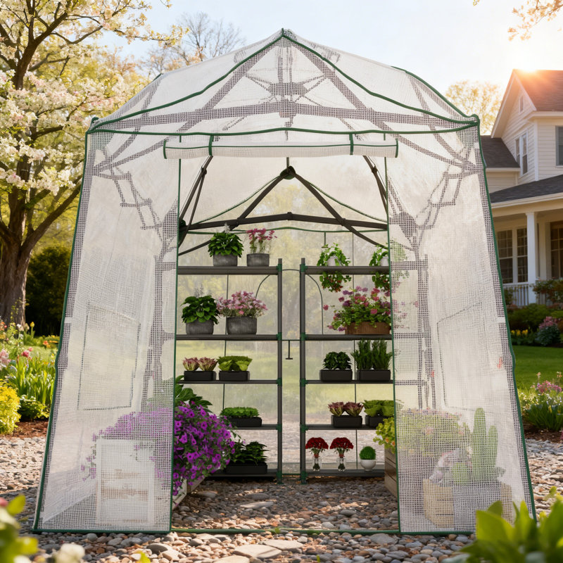 8.5x7x7 ft. Portable Walk-In Garden Greenhouse with Adjustable Height Steel Frame, Zipper Door & Ventilated Windows – Durable PE Outdoor Greenhouse