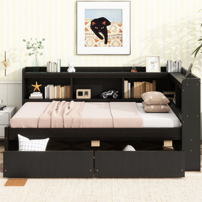 Twin Bed With L-shaped Bookcases & Storage Drawers, Power, Pine Size Bed, , 2 Power Outlets, Long-lasting Wood