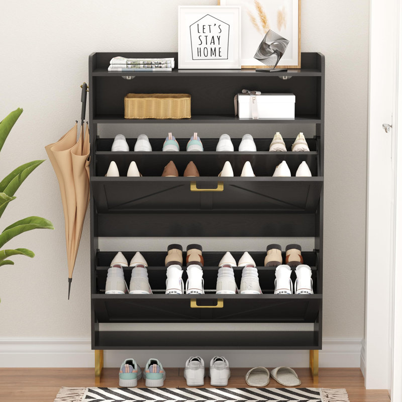 16-Pair Shoe Cabinet with Two Flip-Top Drawers, Black