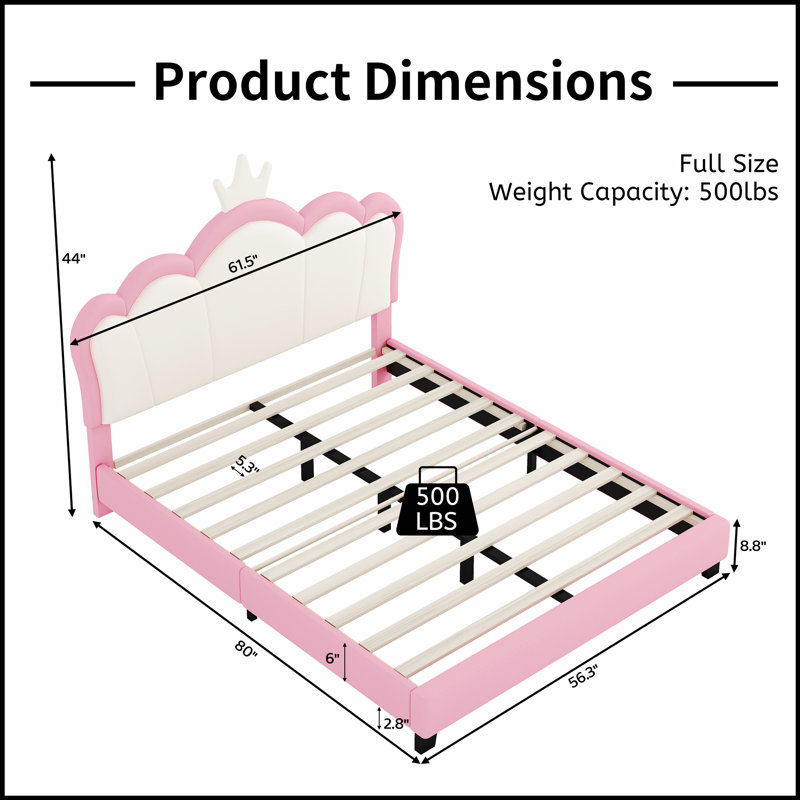 Lit princesse rembourré avec tête de lit couronne, lit plateforme élégant et durable pour un confort royal, Lit double, Rose