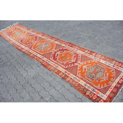Vintage Turkish Herki Runner Rug in Vibrant Red - Ideal for Hallway Decor and Antique Wool Style