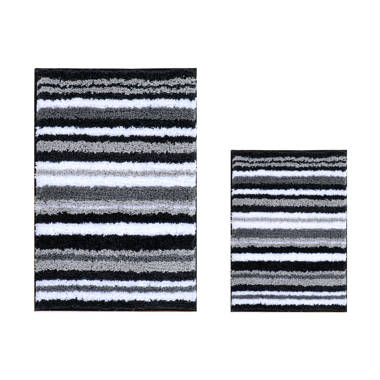 White and Beige Striped Bathroom Rug / Washable Striped 