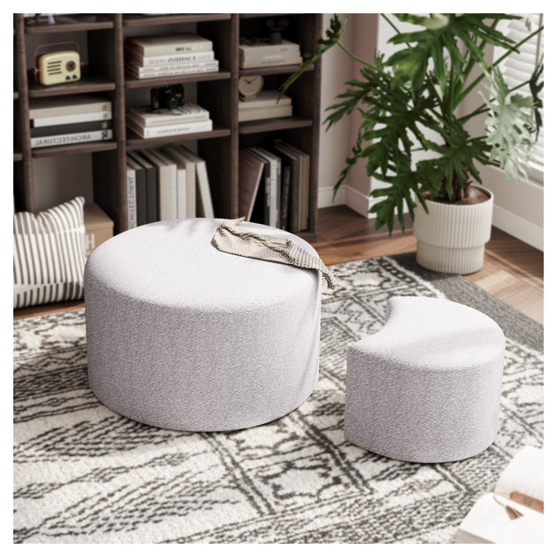 Tables basses gigognes capitonnées (lot de 2) - Pouf, repose-pieds et table d'appoint en tissu beige teint en fil pour salon