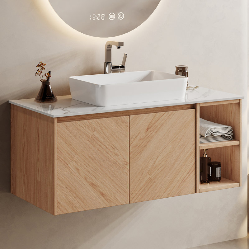 36" Wall-Mounted Natural Wood Bathroom Vanity with White Ceramic Sink, Single-Hole Faucet Hole, Pop-Up Drain & P-Trap Included