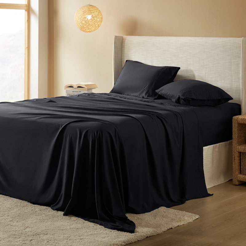 Draps et taies d'oreiller en polyester, Ensemble de draps pour grand lit avec 2 taies d'or, Noir