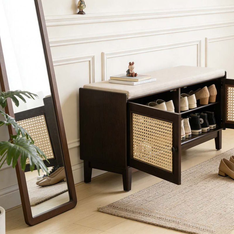 Entryway Bench with Storage, Cushioned Shoe Bench with Double Doors, Espresso