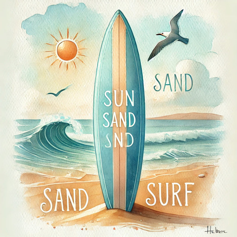 «Sun, Sand, Surfboard Beach Scene», reproduction d'art sur toile tendue, H 30 po x l 30 po