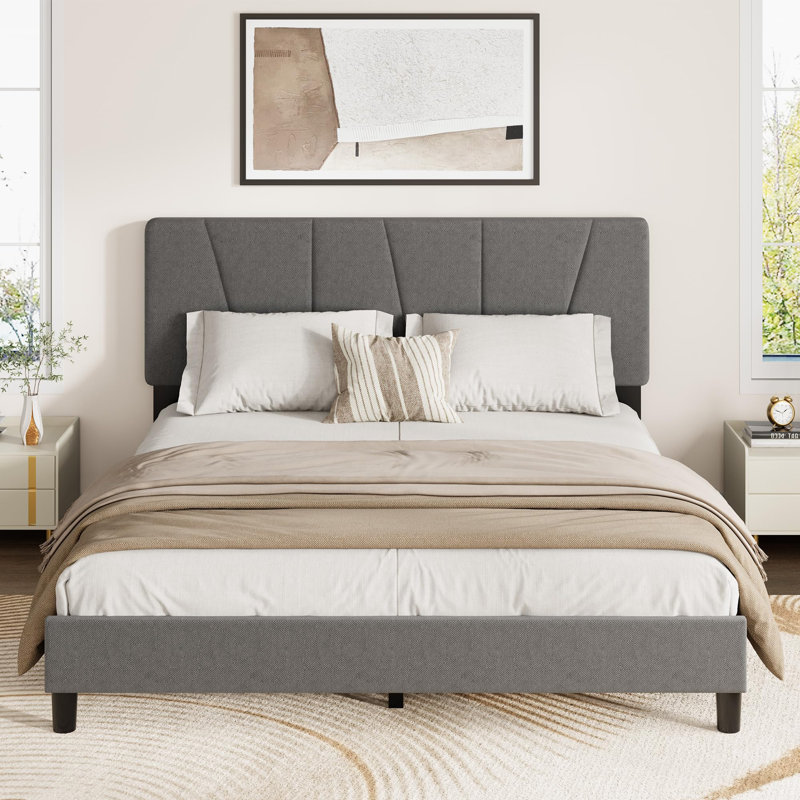Queen Upholstered Platform Bed Frame with Adjustable Headboard, Strong Wooden Slats & Metal Legs, Noise-Free, No Box Spring Needed, Easy Assembly - Grey