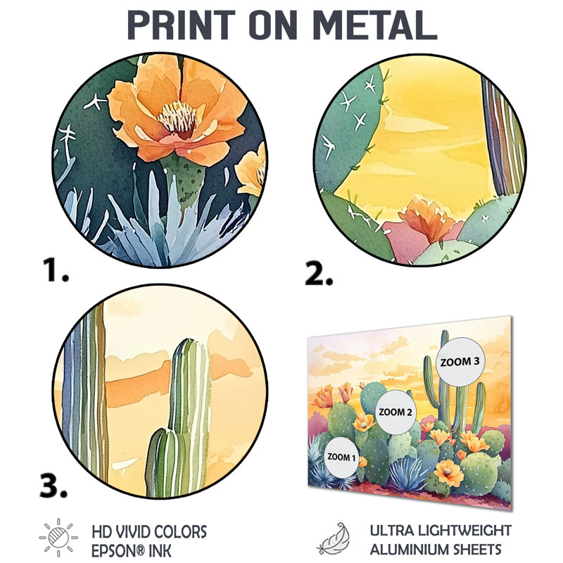 Paysage de cactus au coucher du soleil II - décoration murale en métal floral, impression de cactus floral, H 30 po x l 40 po