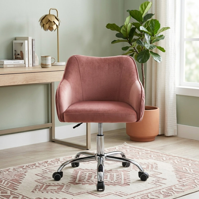 Kinzie Epinine Velvet Upholstered Swivel & Adjustable-Height Task Chair with Chrome Metal Base, Pink 