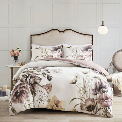 Housse de couette en coton double / grand avec imprimé floral, doux et romantique, 1 2 taies décoratives, fermeture à boutons, attaches de coin, 3 pièces, imprimé, look, design,