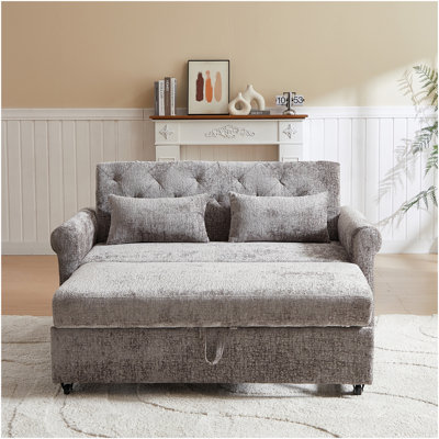 58.27 Inch 3-In-1 Loveseat Sofa Bed - Chenille Fabric Pull-Out Couch Sleeper - Full KD Back Frame, Seat Frame, Armrests & 2 Pillows - Functional Sofa Bed For Living Room - Light Gray Fabric