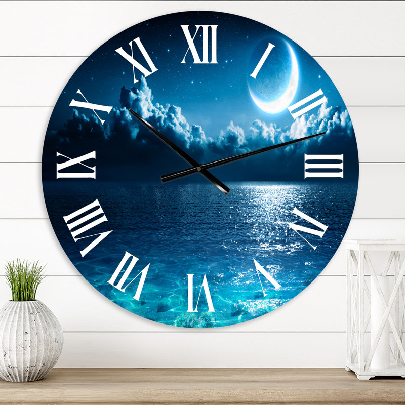 Romantic Moon Over Deep Blue Sea I - Nautical & Coastal Wall Clock, 23" H x 23" W x 1" D