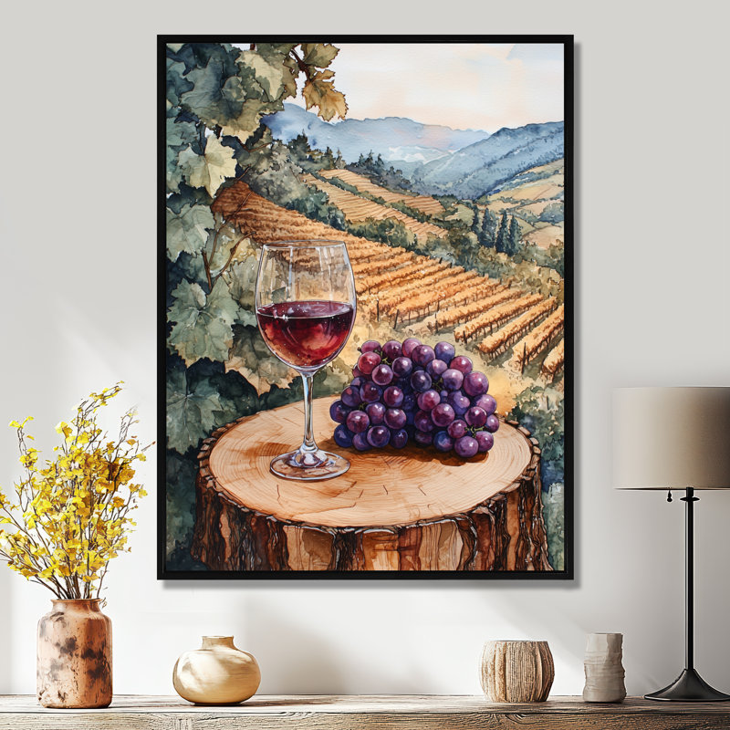 Vignoble avec verre de vin et raisin en Provence III - Art mural vignoble, Noir, Impression encadrée flottante