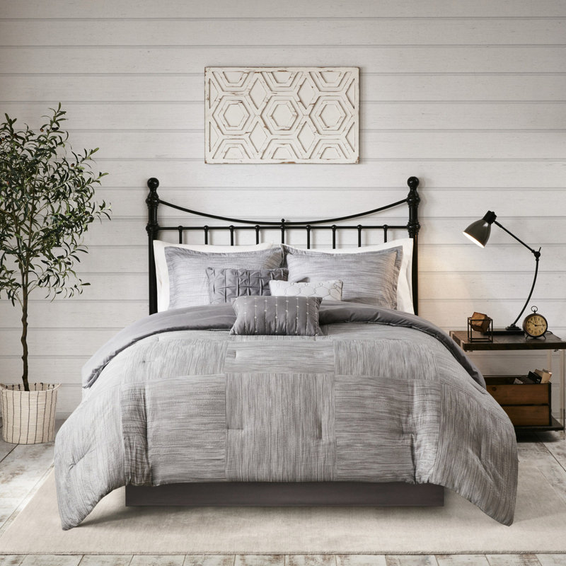 Édredon gris en seersucker pour grand lit, 7 pièces, doux et gris, 7 pièces avec coussins décoratifs, Gris