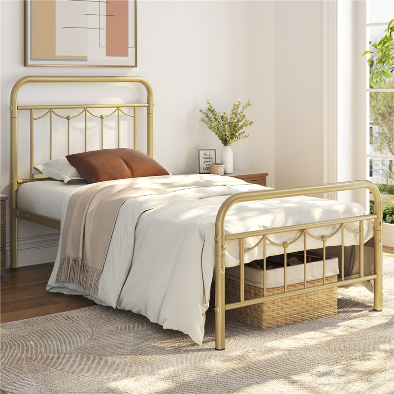 Dravin Metal Platform Bed Frame with Vintage Headboard and Footboard, Twin, Antique Gold