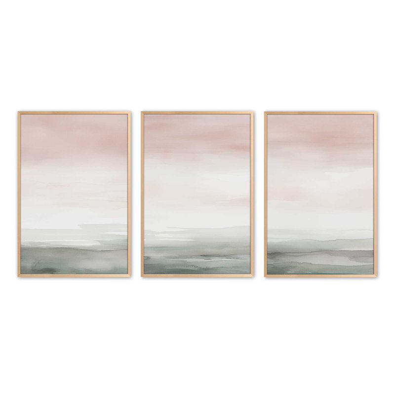 Ensemble de 3 impressions Peach Tranquility dans un cadre doré poli, 24 po x 18 po, Érable brut, H 37 po x l 75 po
