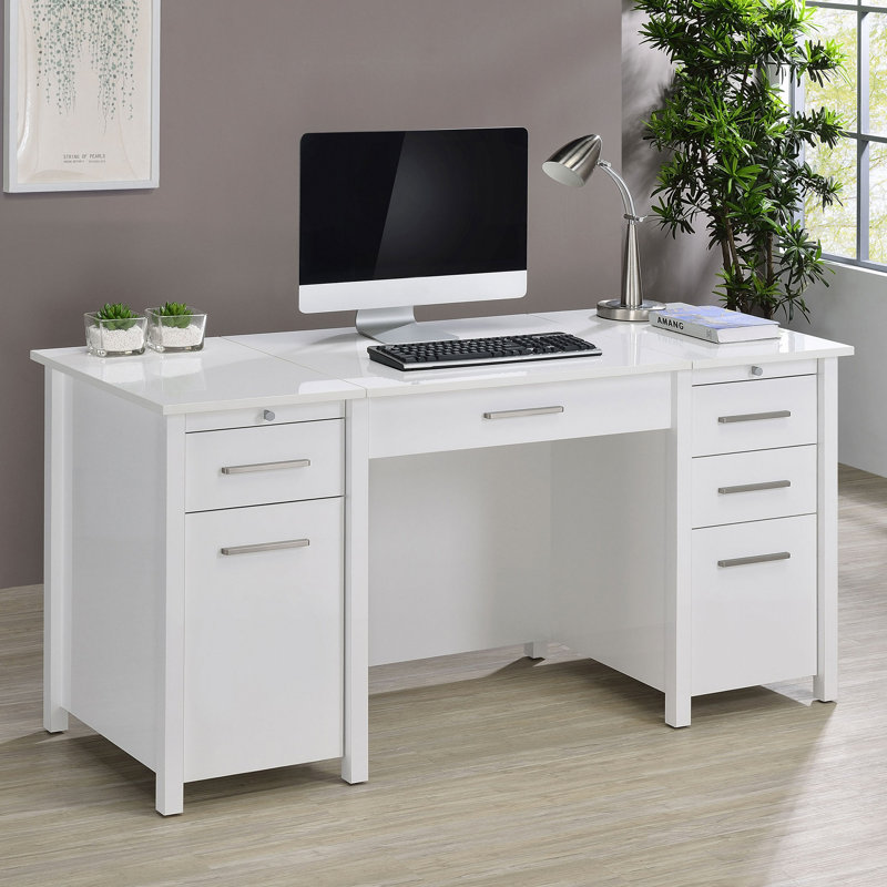 Bureau blanc 4 tiroirs ultrabrillant, Blanc
