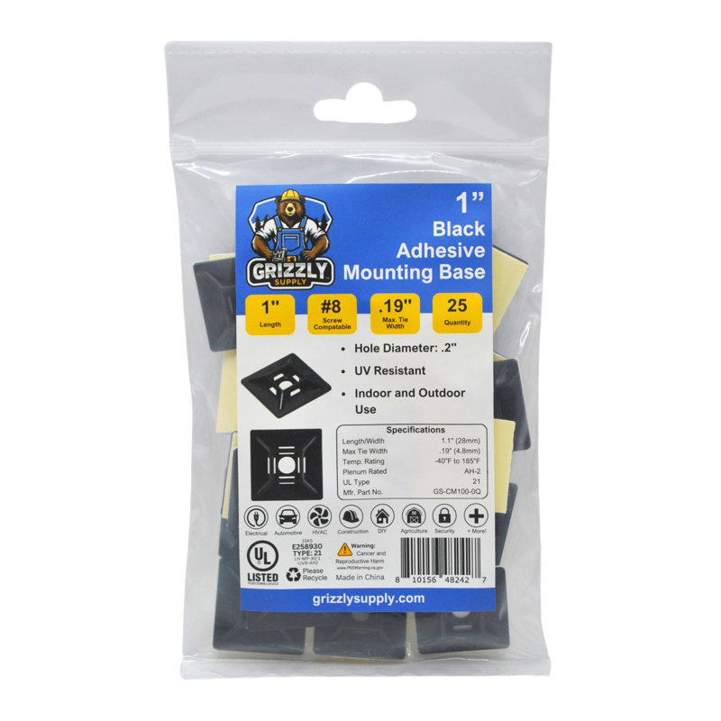 1" 4-Way Adhesive Cable Mounts 25/bag, Black