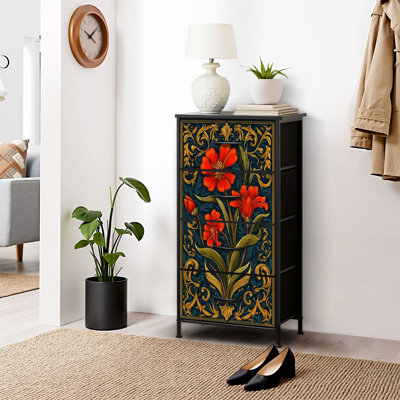 Commode 4 tiroirs pour chambre à coucher, commode étroite, plateau en bois et structure en fer de travail 18 po x 37,5 po - (l x H)