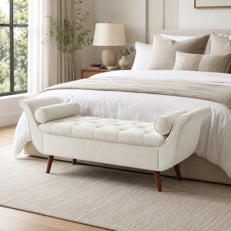 Velvet Upholstered Flip Top and Storage Bench, Beige